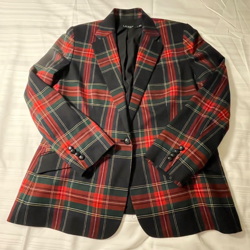 Lauren Ralph Lauren Tartan Plaid Blazer Jacket Crest Buttons Green Red Size 16